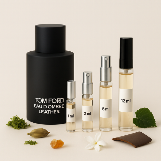 Tom Ford Eau d’Ombre Leather のボトルと 1ml・2ml・6ml・12ml のサンプルバイアル。明るい背景にカルダモン、ジャスミン、アンバー、モス、レザーの要素を添えて