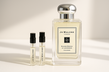 ジョー マローン シルバー バーチ＆ラベンダー コロン 香水サンプル 1ml とジョー マローン シルバー バーチ 100ml フレグランスの横に立つ