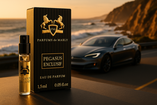 パルファン・ドゥ・マルリー ペガサス・エクスクルーシフ 公式香水サンプル 1.5ml 0.05 fl. o.z. 香水テスター。背景には海岸沿いの高級電気自動車
