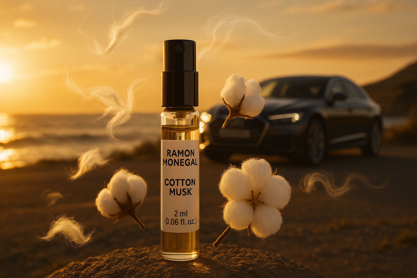 ラモン・モネガル コットンムスク 公式香水サンプル 2ml 0.06 fl.o.z. 香水テスター、夕暮れの海岸近くの高級車を背景に、サンプルはコットンムスクの香りに包まれています。